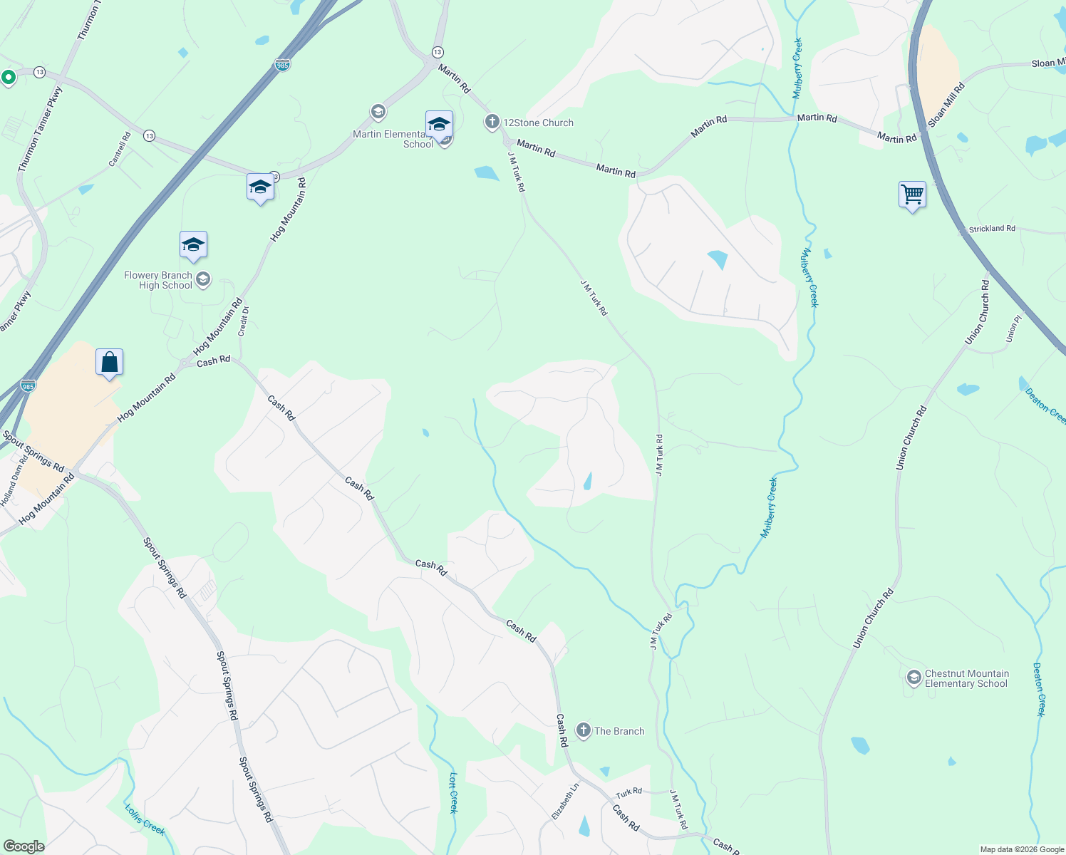 map of restaurants, bars, coffee shops, grocery stores, and more near 4819 Grandview Court in Flowery Branch