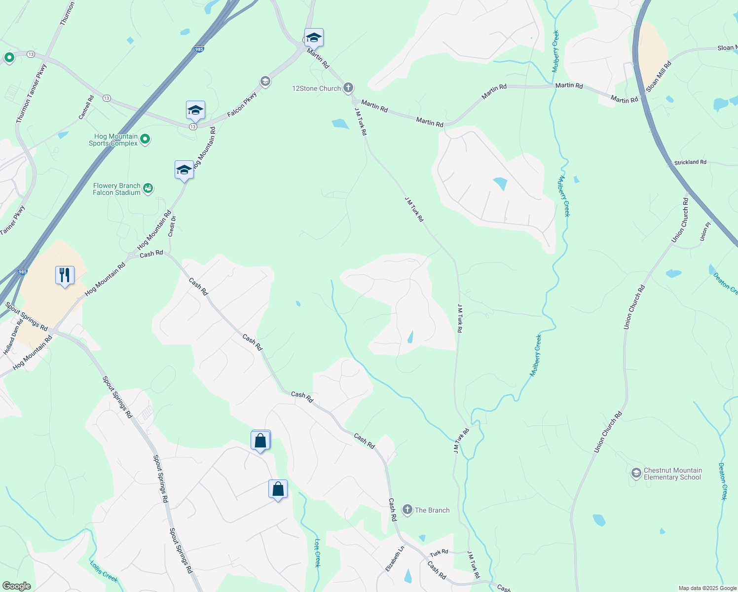 map of restaurants, bars, coffee shops, grocery stores, and more near 4819 Grandview Court in Flowery Branch
