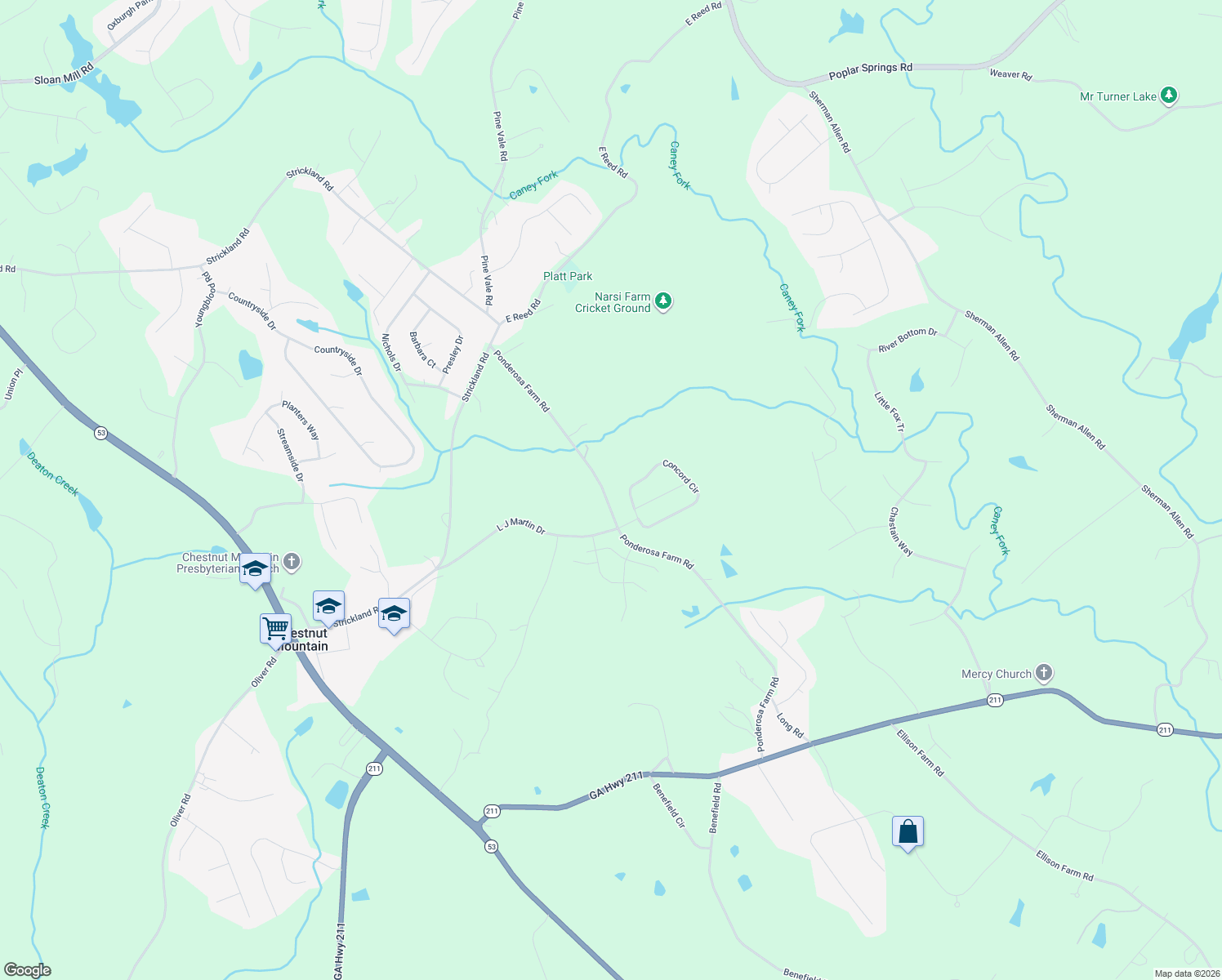 map of restaurants, bars, coffee shops, grocery stores, and more near 5147 Ponderosa Farm Road in Gainesville