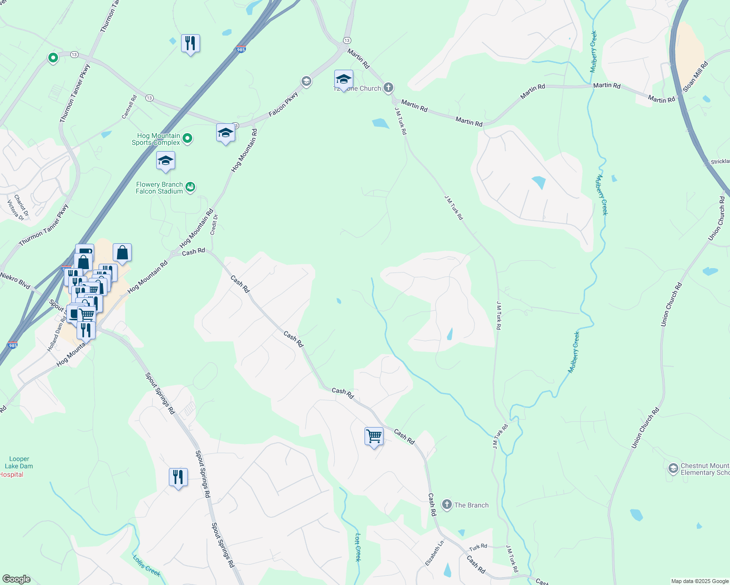 map of restaurants, bars, coffee shops, grocery stores, and more near 4856 Grandview Court in Flowery Branch