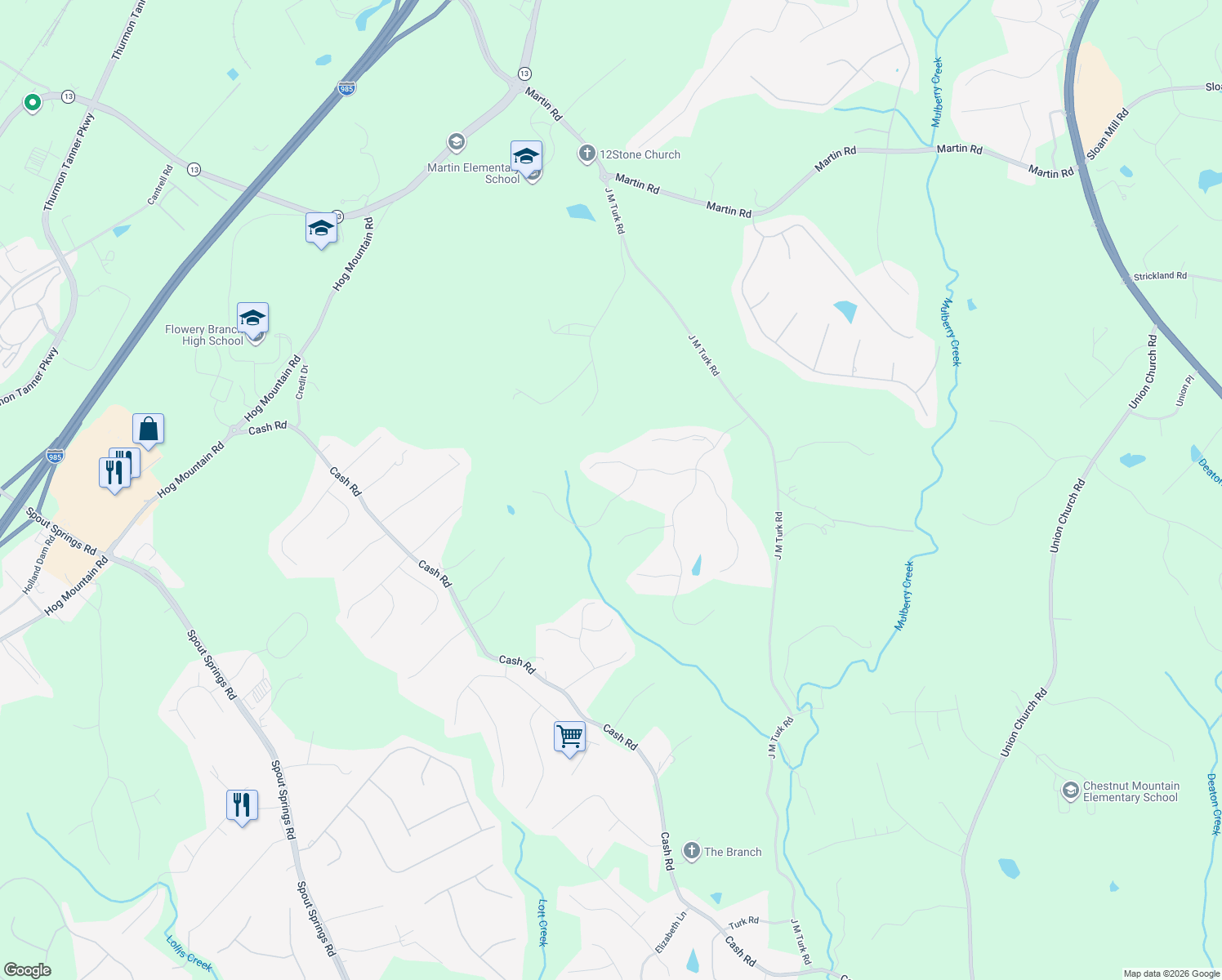 map of restaurants, bars, coffee shops, grocery stores, and more near 4823 Grandview Court in Flowery Branch