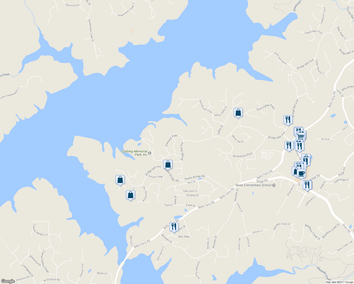 map of restaurants, bars, coffee shops, grocery stores, and more near 124 Ivygreen Chase in Canton