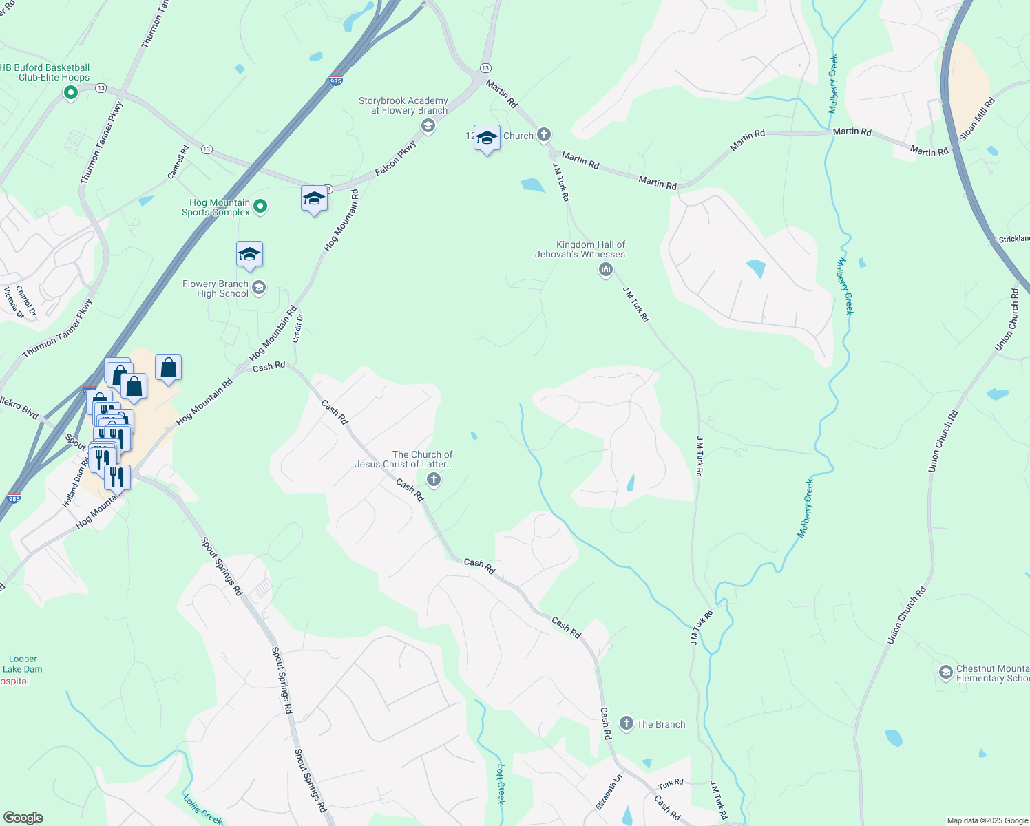 map of restaurants, bars, coffee shops, grocery stores, and more near 4860 Grandview Court in Flowery Branch