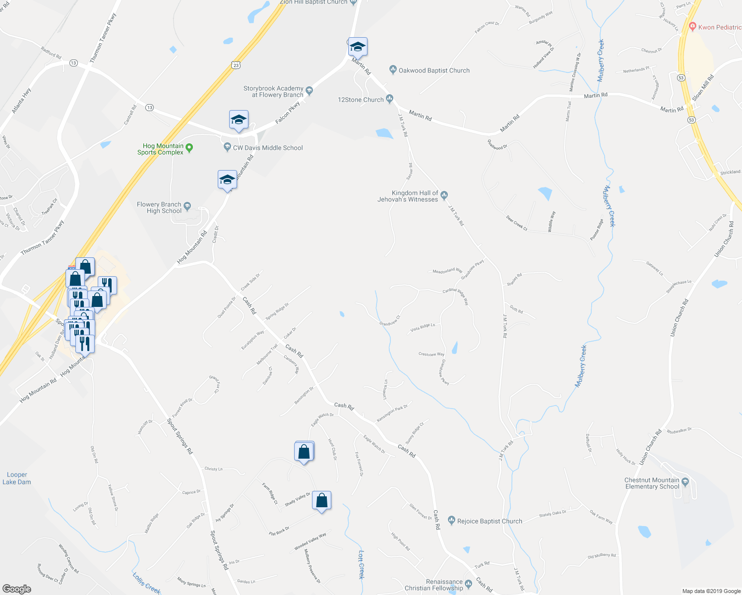 map of restaurants, bars, coffee shops, grocery stores, and more near 4860 Grandview Court in Flowery Branch