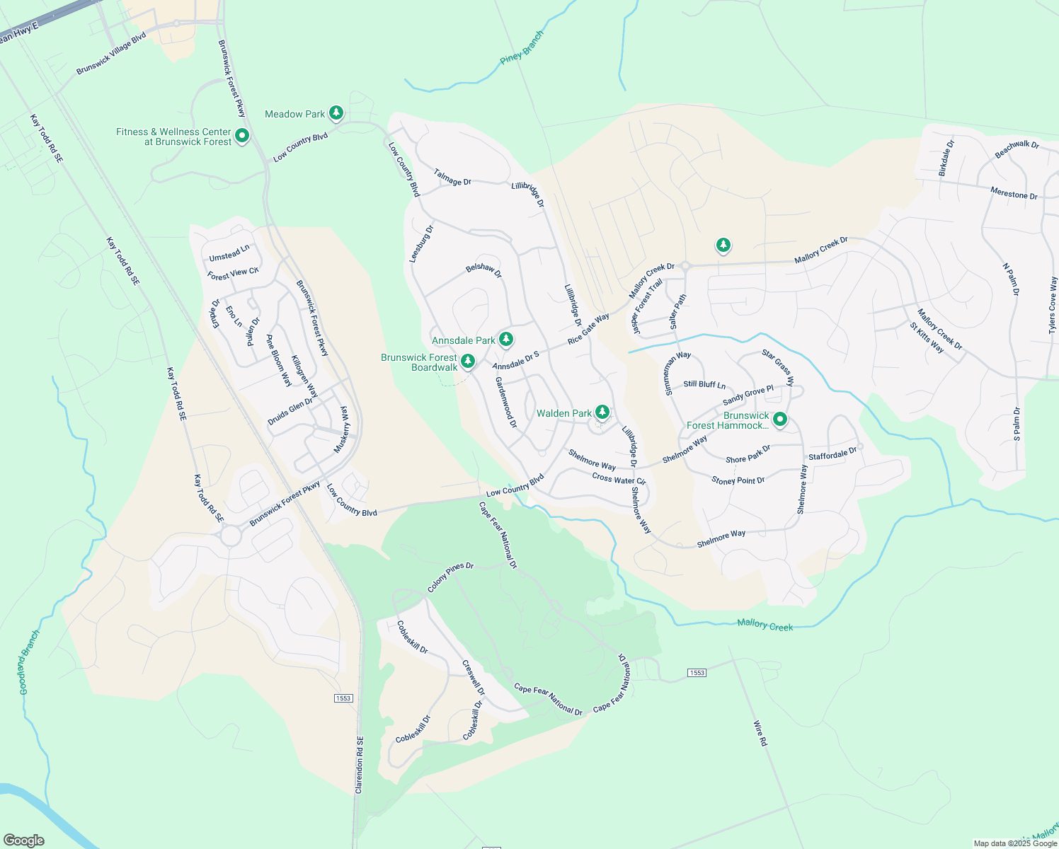 map of restaurants, bars, coffee shops, grocery stores, and more near 3585 Bendemere Drive in Leland