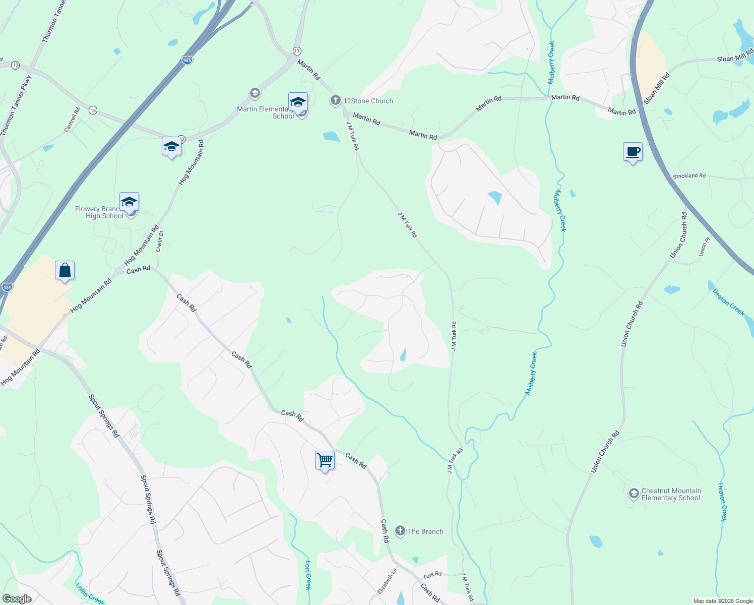 map of restaurants, bars, coffee shops, grocery stores, and more near 4721 Cardinal Ridge Way in Flowery Branch
