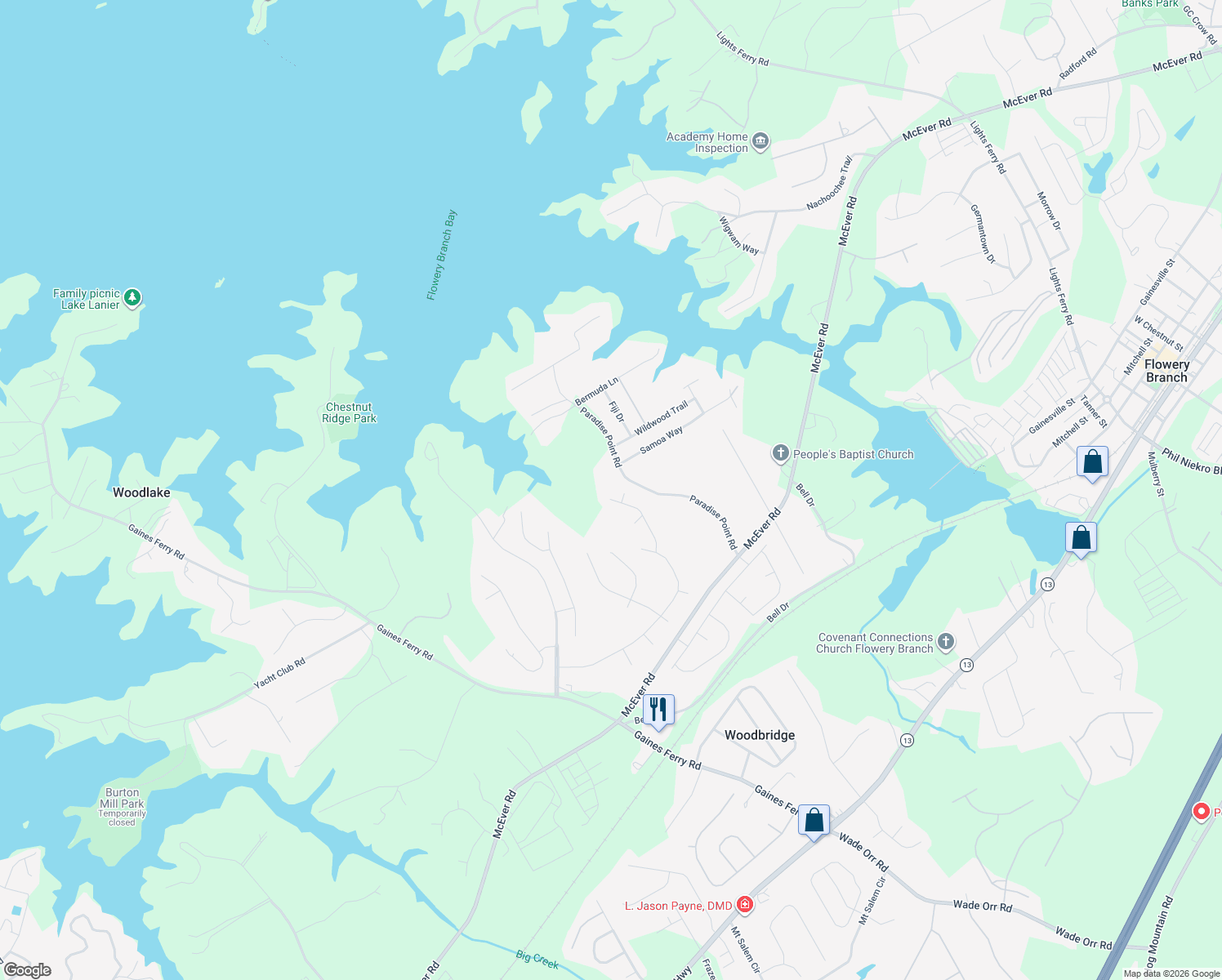 map of restaurants, bars, coffee shops, grocery stores, and more near 6434 S Creek Ct in Flowery Branch