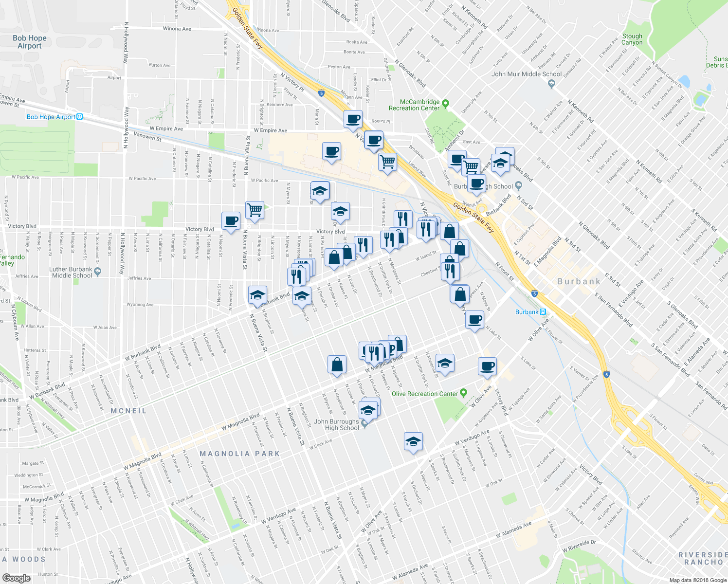 map of restaurants, bars, coffee shops, grocery stores, and more near 743 North Sparks Street in Burbank