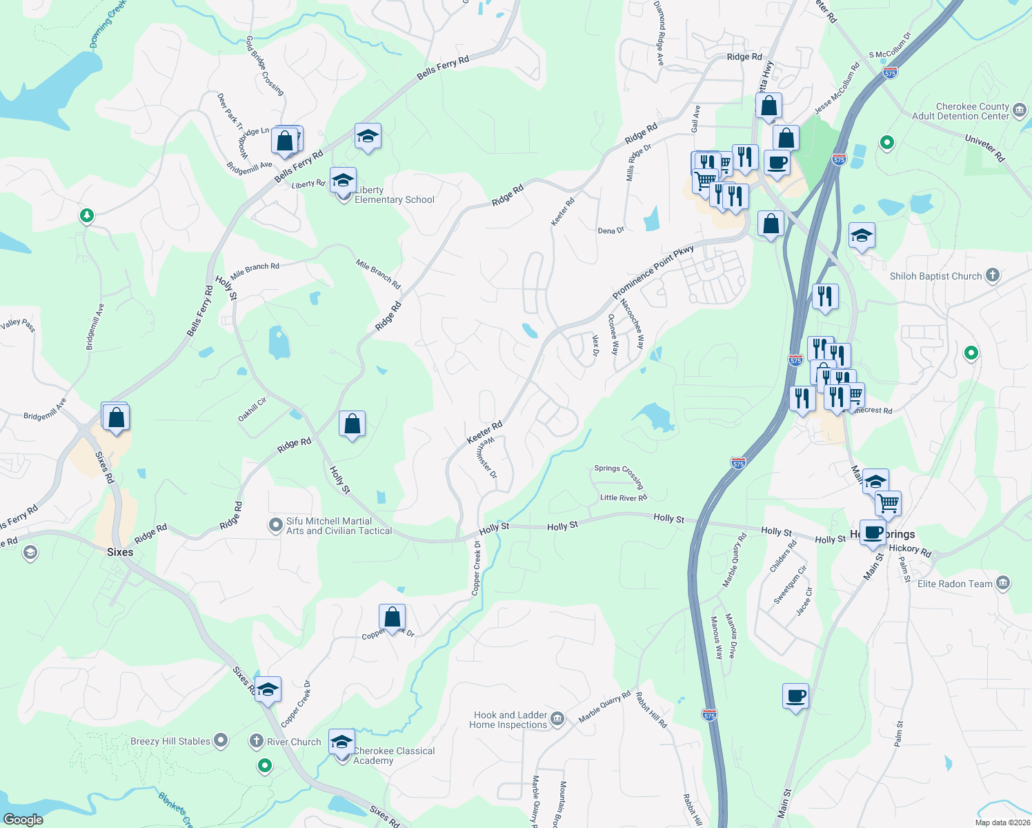 map of restaurants, bars, coffee shops, grocery stores, and more near 222 Wild Flower Place in Canton