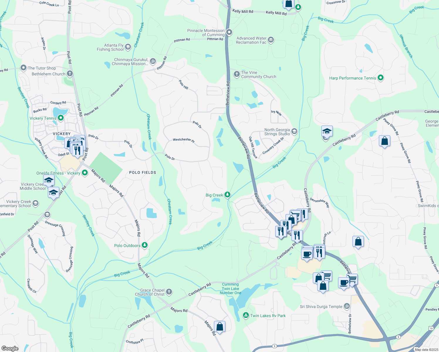 map of restaurants, bars, coffee shops, grocery stores, and more near 6720 Chelsea Gardens Way in Cumming
