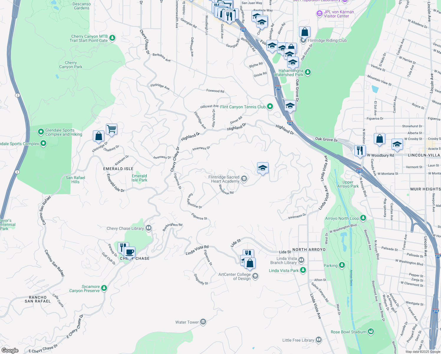 map of restaurants, bars, coffee shops, grocery stores, and more near 746 Saint Katherine Drive in La Cañada Flintridge