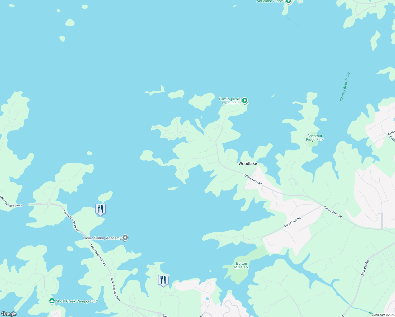 map of restaurants, bars, coffee shops, grocery stores, and more near 6793 Stringer Lane in Flowery Branch