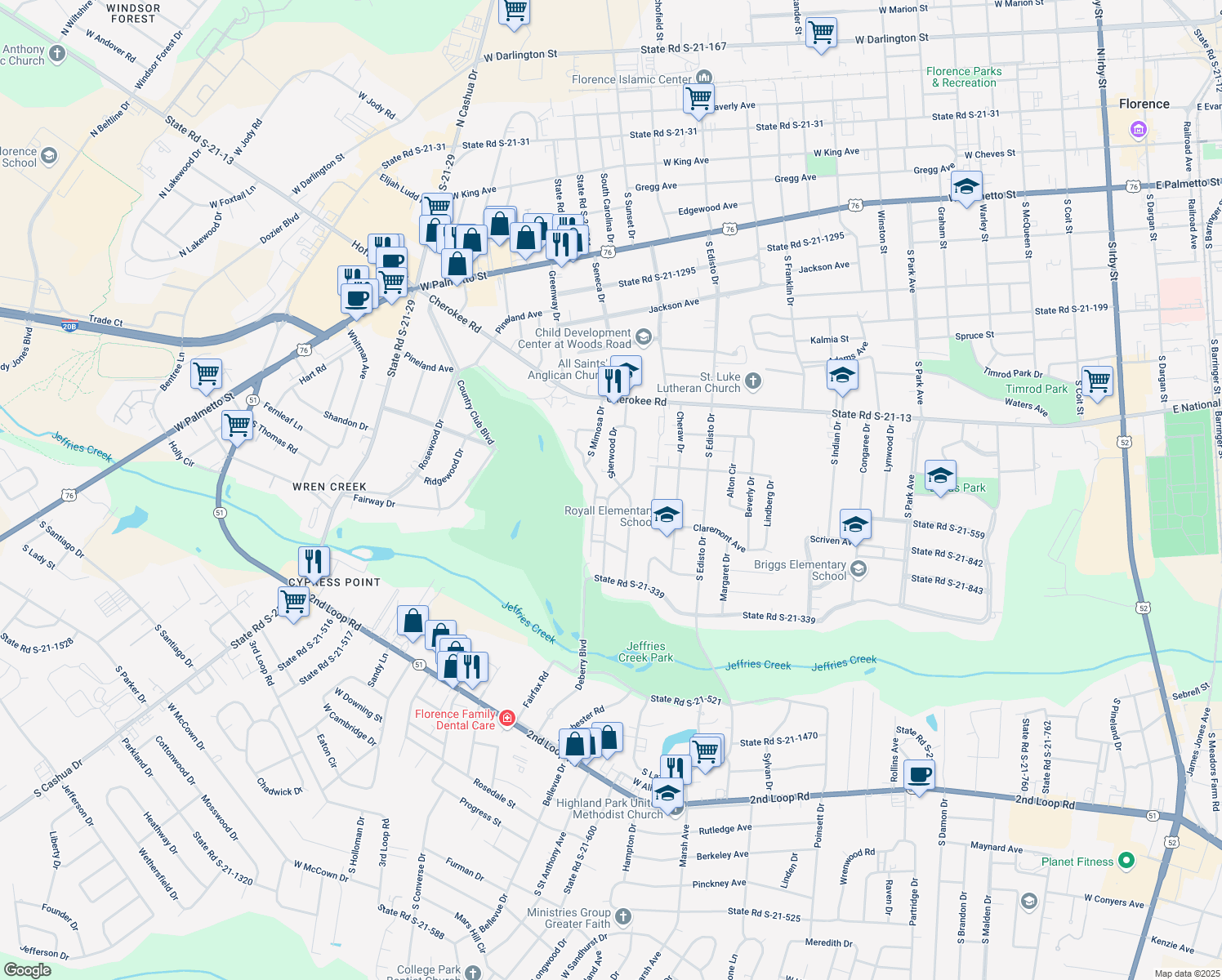 map of restaurants, bars, coffee shops, grocery stores, and more near 1005 Sherwood Drive in Florence
