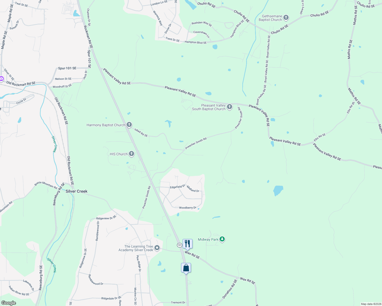 map of restaurants, bars, coffee shops, grocery stores, and more near 3 Misty Ridge Drive Southeast in Silver Creek