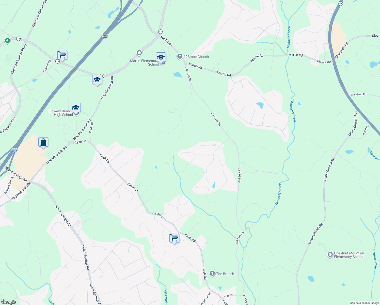 map of restaurants, bars, coffee shops, grocery stores, and more near Cardinal Ridge Way in Flowery Branch