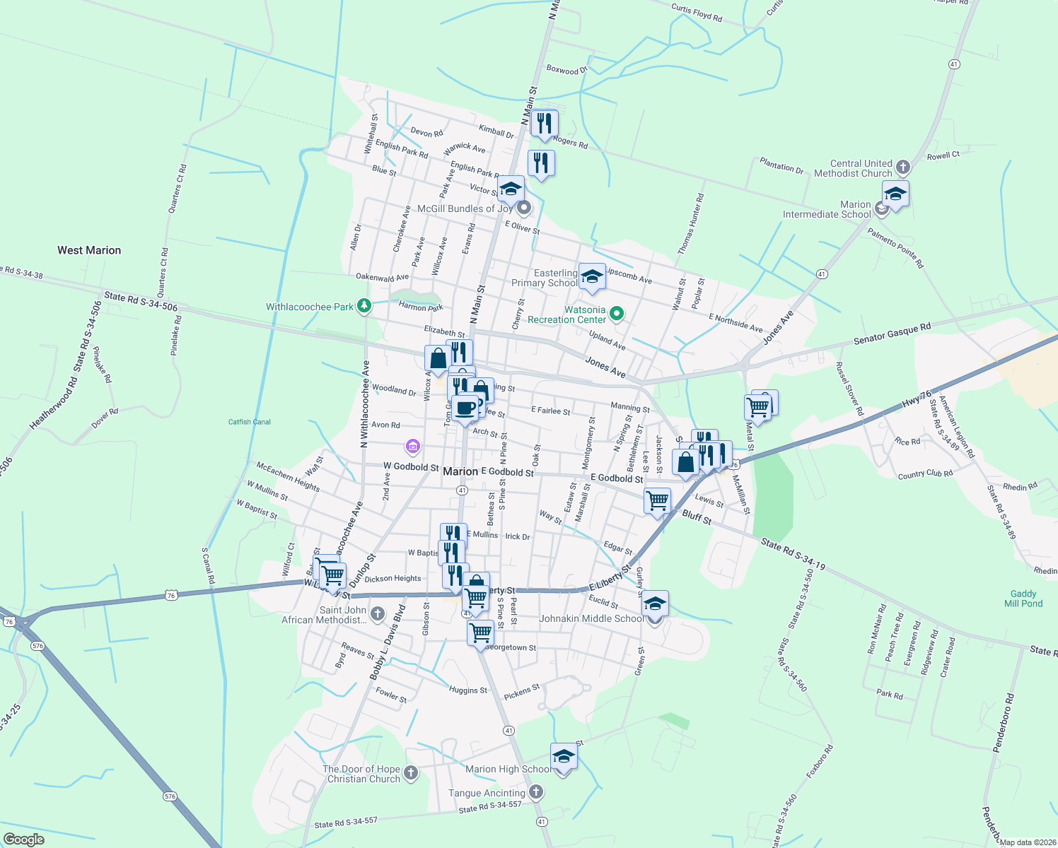 map of restaurants, bars, coffee shops, grocery stores, and more near 312 Harlee Street in Marion