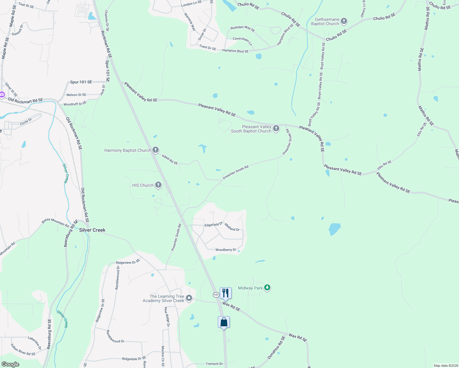 map of restaurants, bars, coffee shops, grocery stores, and more near 3 Misty Ridge Dr SE in Silver Creek