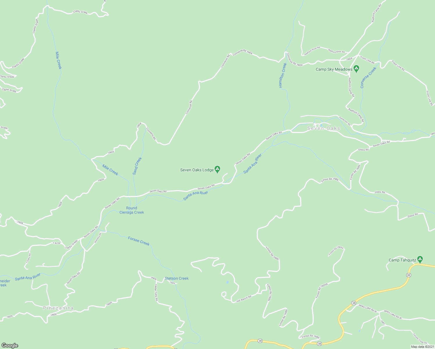 map of restaurants, bars, coffee shops, grocery stores, and more near 39950 Seven Oaks Road in Angelus Oaks