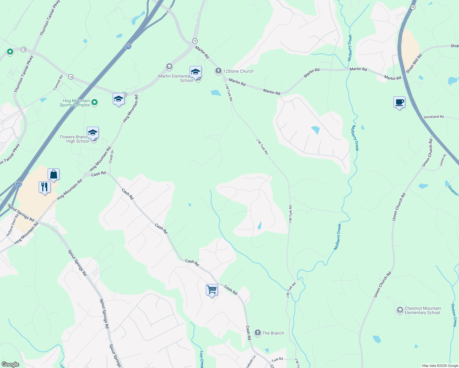 map of restaurants, bars, coffee shops, grocery stores, and more near 4735 Cardinal Ridge Way in Flowery Branch