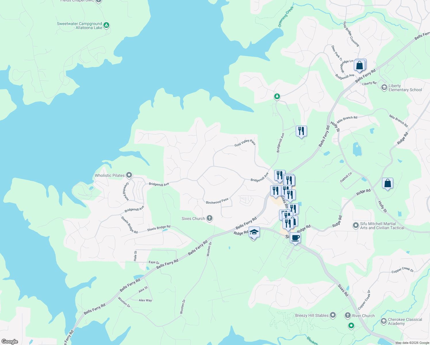 map of restaurants, bars, coffee shops, grocery stores, and more near 310 Magnolia Trce in Canton