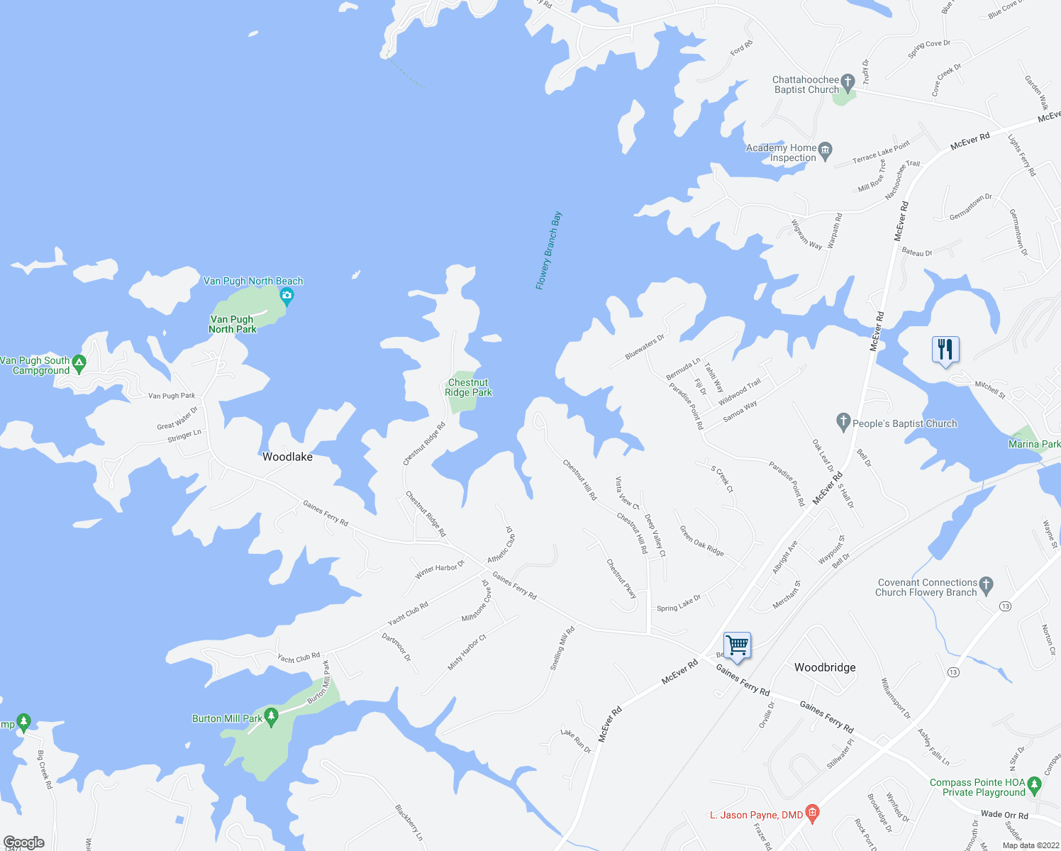 map of restaurants, bars, coffee shops, grocery stores, and more near 6506 Chestnut Hill Road in Flowery Branch