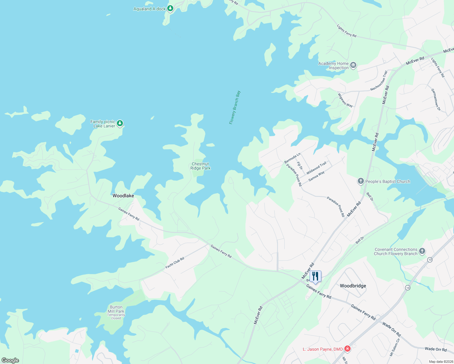 map of restaurants, bars, coffee shops, grocery stores, and more near 6506 Chestnut Hill Road in Flowery Branch