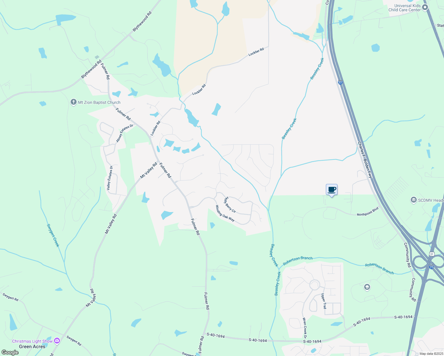 map of restaurants, bars, coffee shops, grocery stores, and more near 542 Wild Hickory Lane in Blythewood