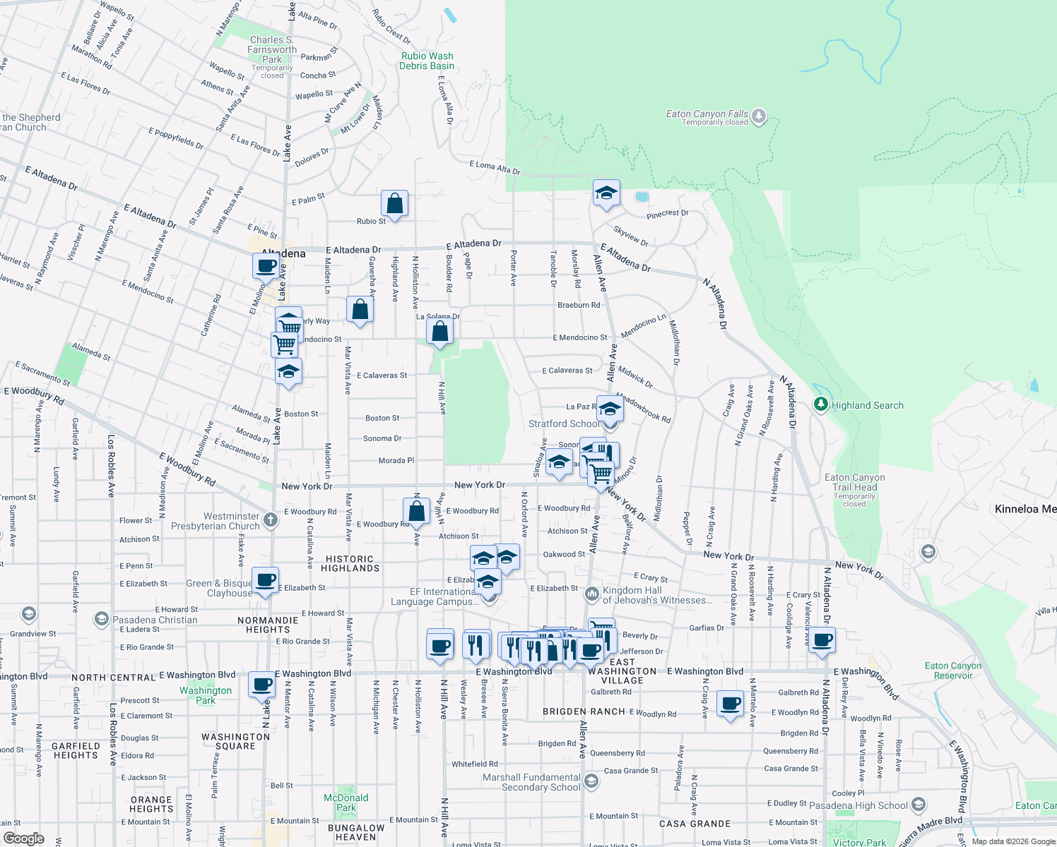 map of restaurants, bars, coffee shops, grocery stores, and more near 1532 Meadowbrook Road in Altadena