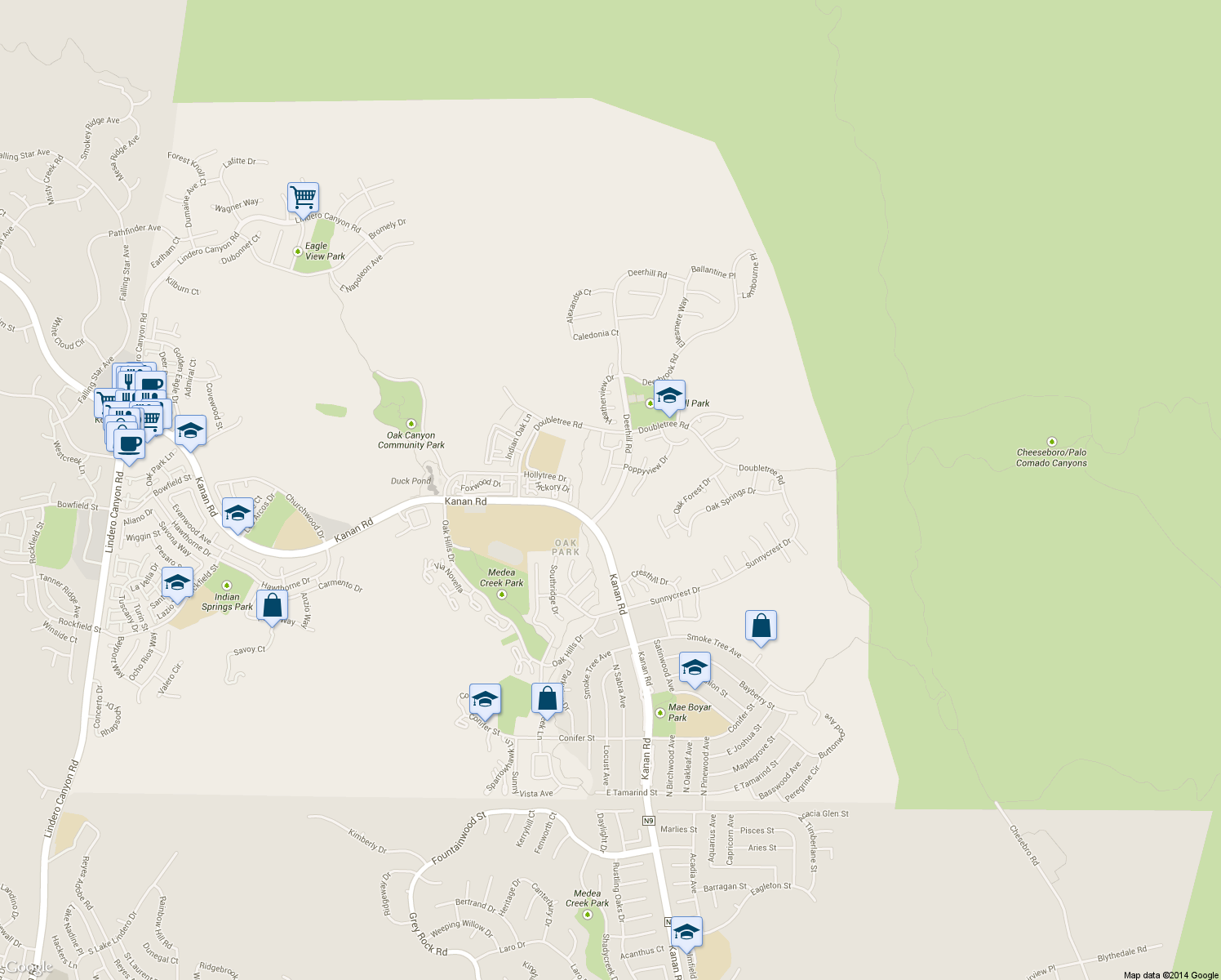 map of restaurants, bars, coffee shops, grocery stores, and more near 924 Thistlegate Road in Oak Park