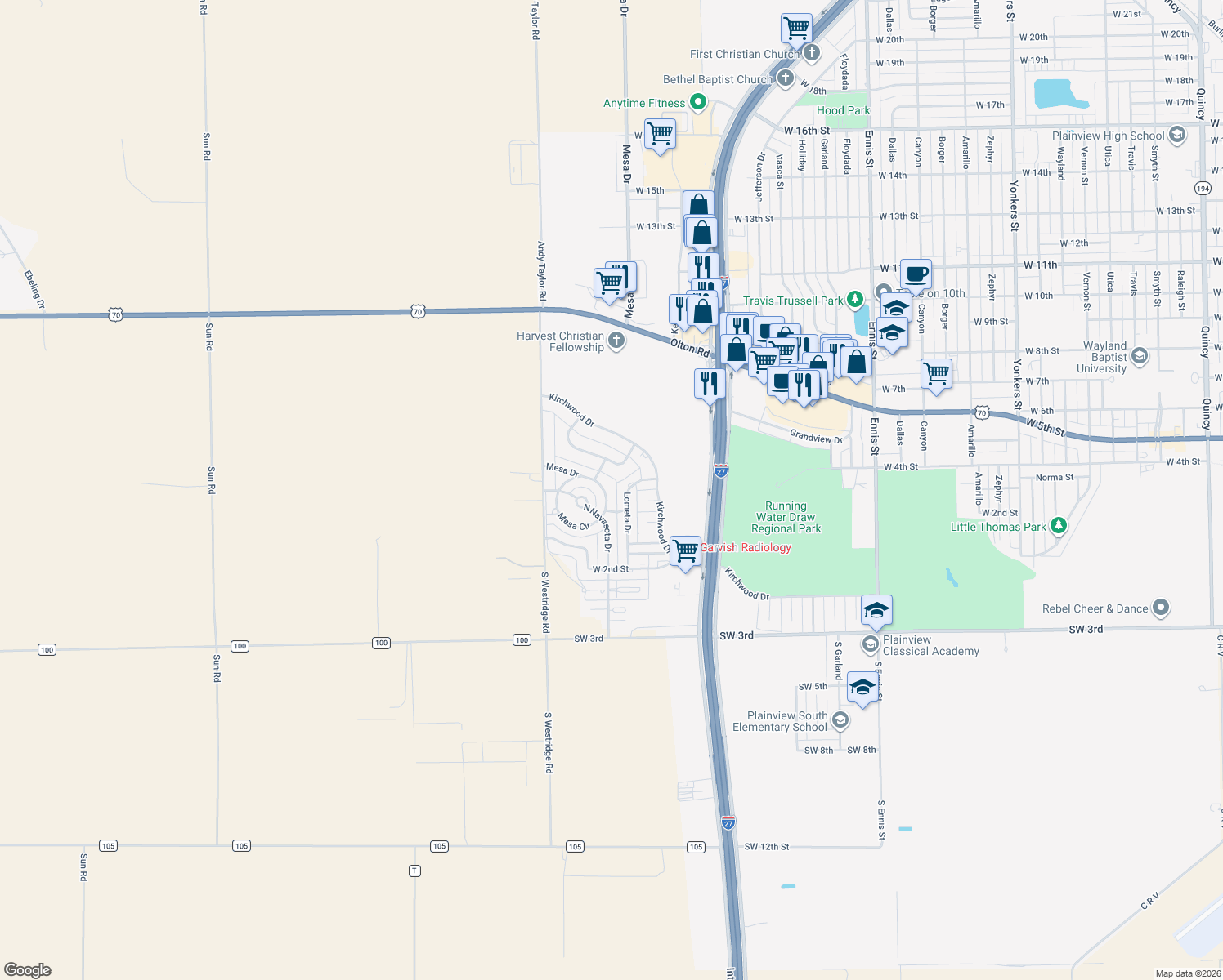 map of restaurants, bars, coffee shops, grocery stores, and more near 404 Mesa Circle in Plainview