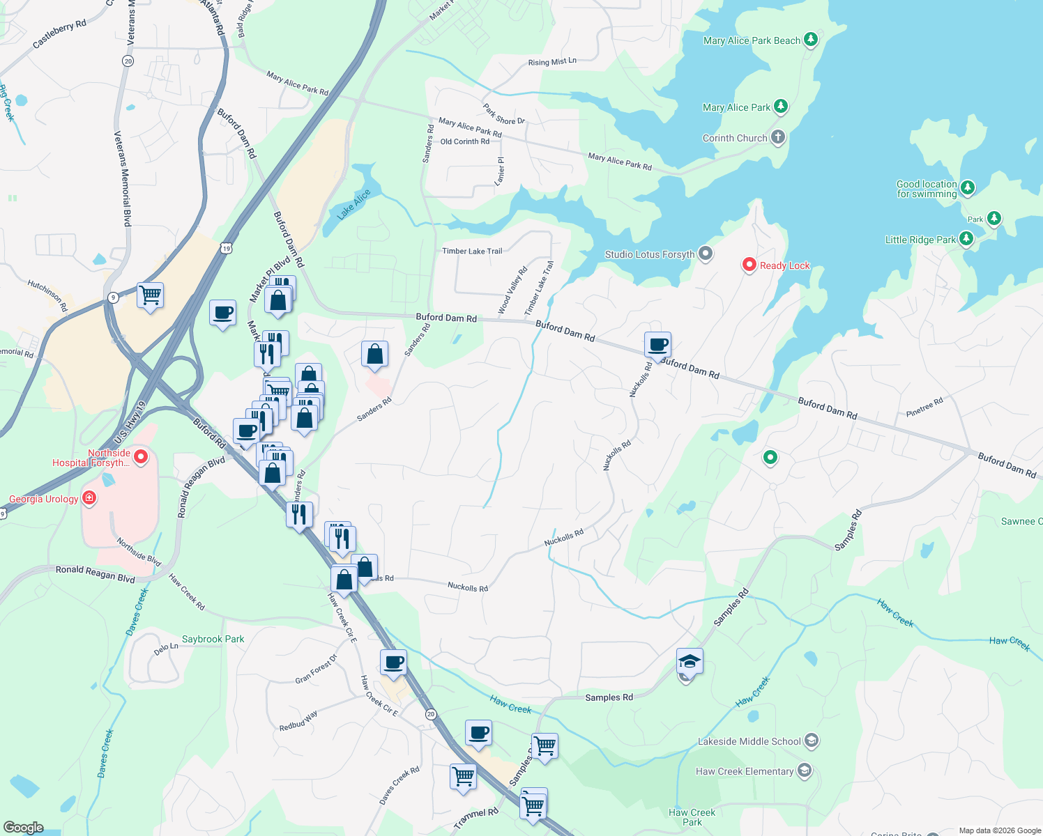 map of restaurants, bars, coffee shops, grocery stores, and more near 1160 Spring Oak Way in Cumming
