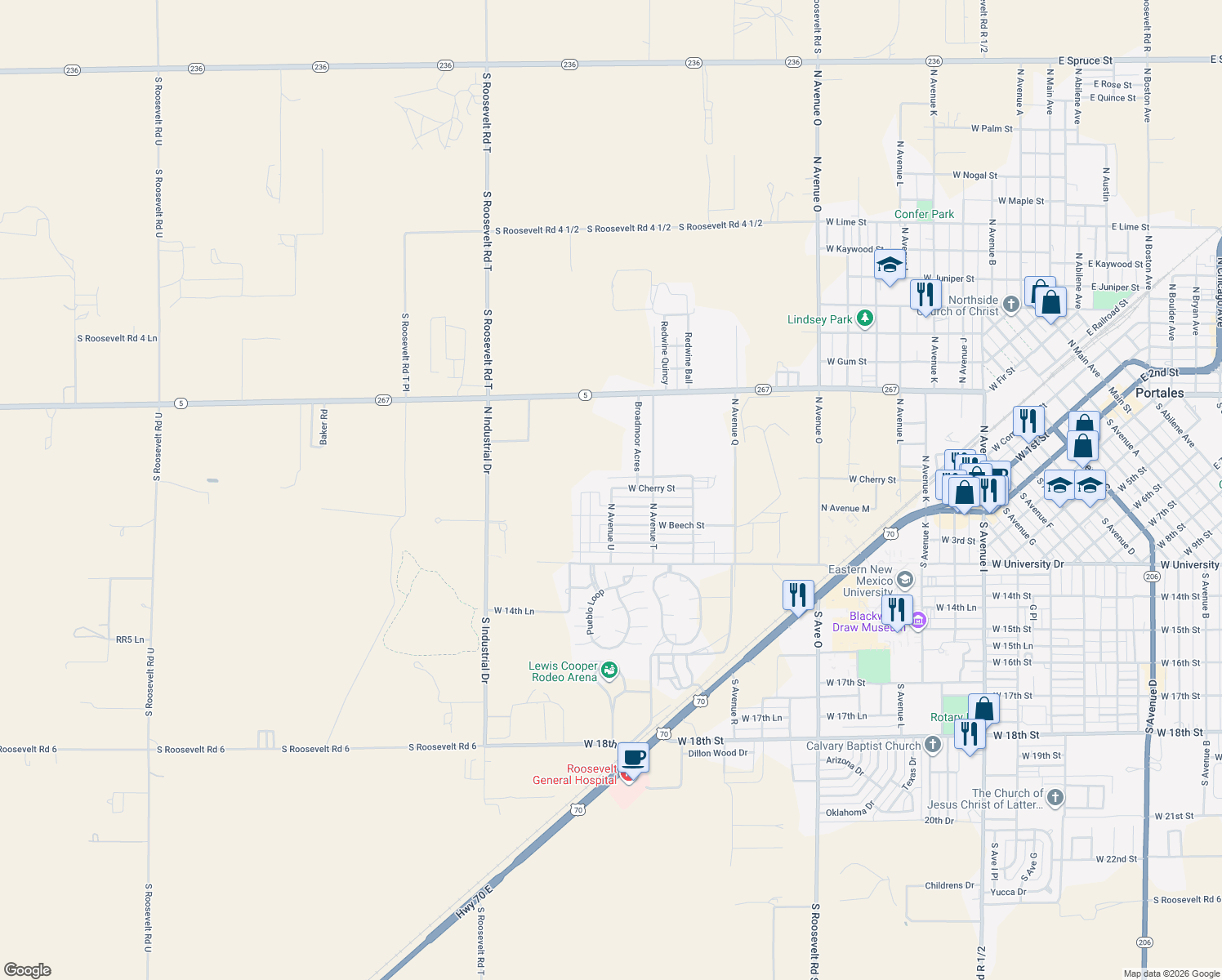map of restaurants, bars, coffee shops, grocery stores, and more near 2199 W Cherry St in Portales
