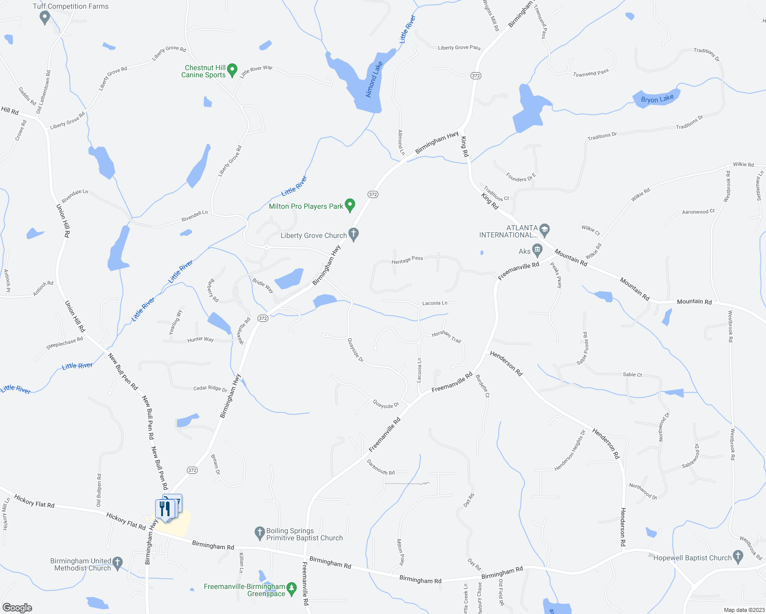 map of restaurants, bars, coffee shops, grocery stores, and more near 16390 Laconia Lane in Milton