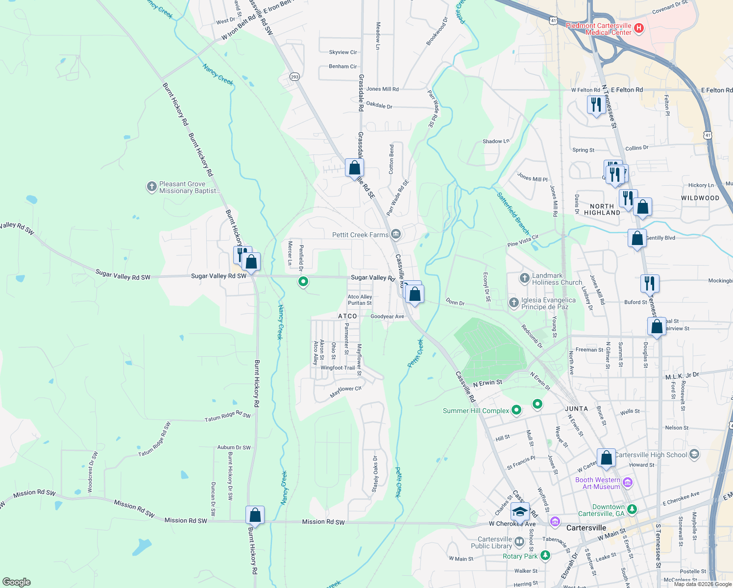 map of restaurants, bars, coffee shops, grocery stores, and more near 6 Defender Street in Cartersville