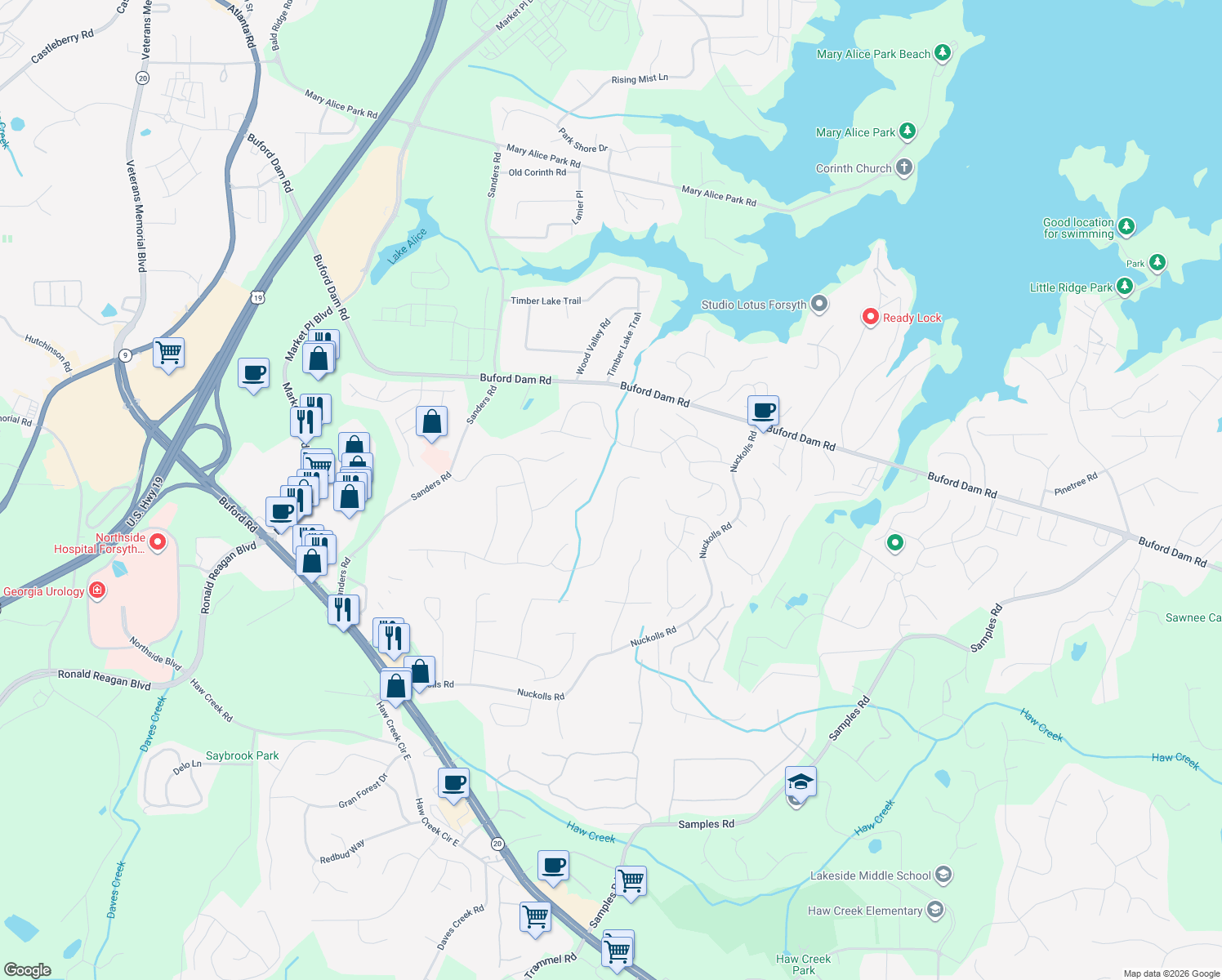 map of restaurants, bars, coffee shops, grocery stores, and more near 1160 Spring Oak Way in Cumming