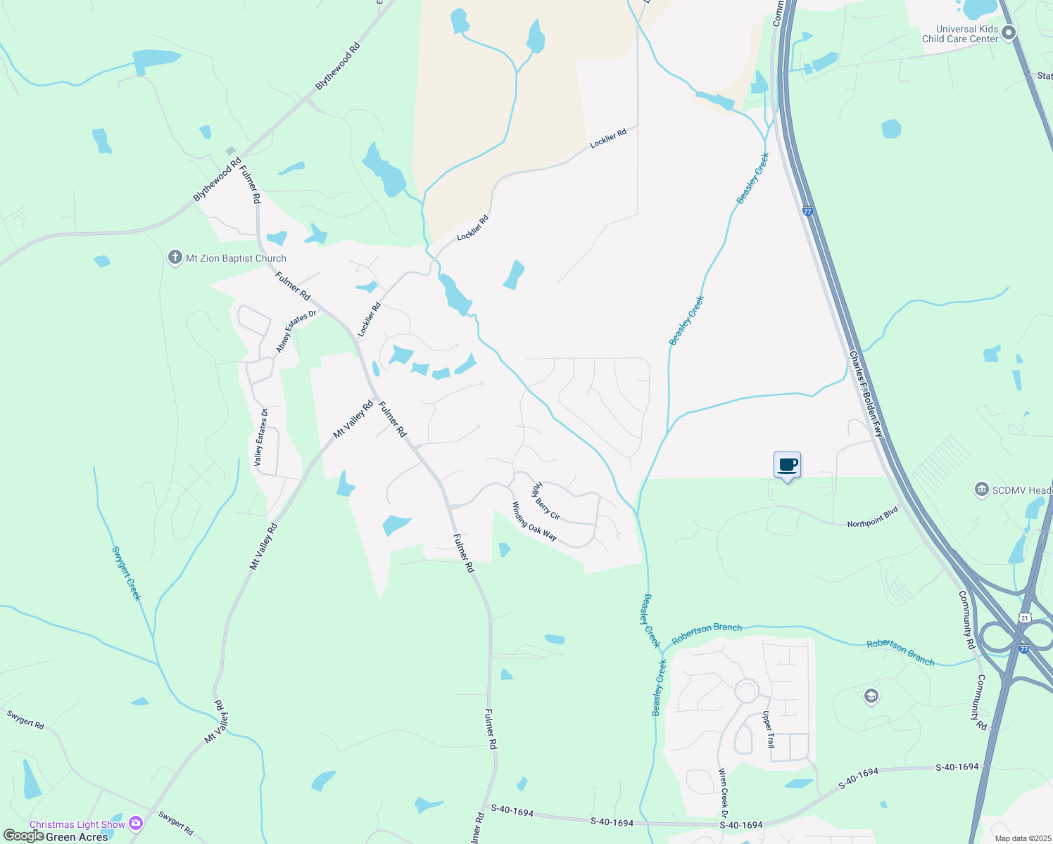 map of restaurants, bars, coffee shops, grocery stores, and more near 542 Wild Hickory Lane in Blythewood