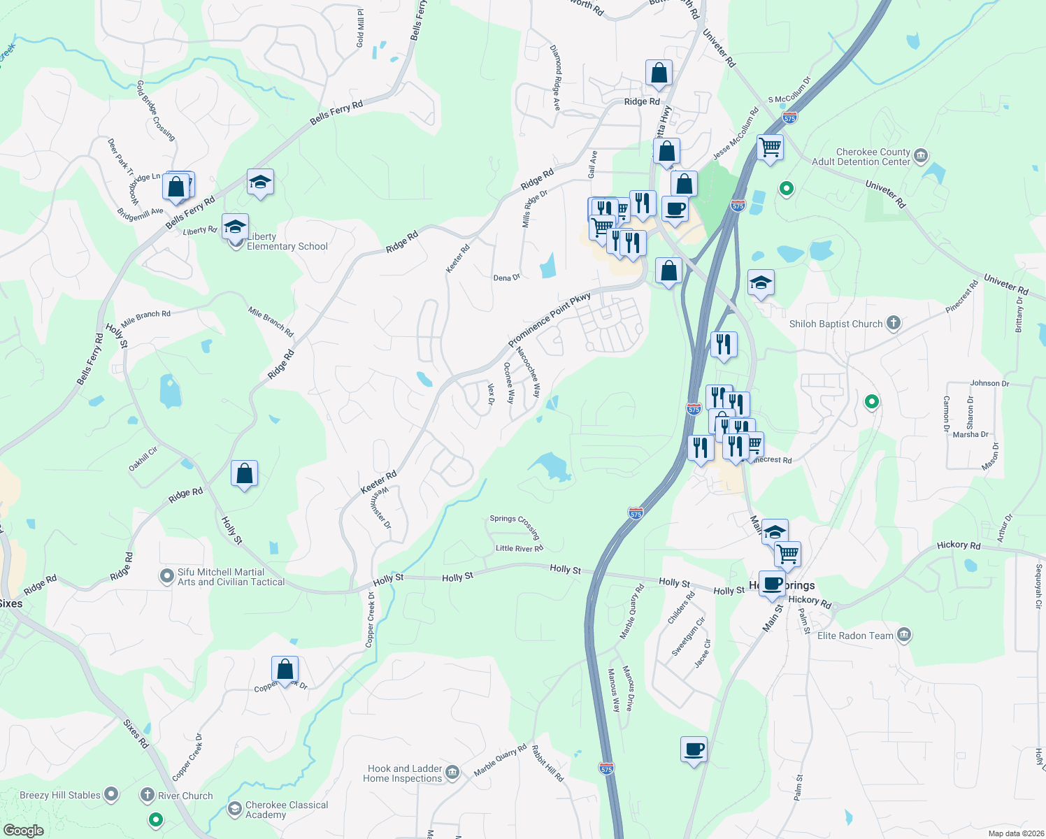 map of restaurants, bars, coffee shops, grocery stores, and more near 175 Nacoochee Way in Canton