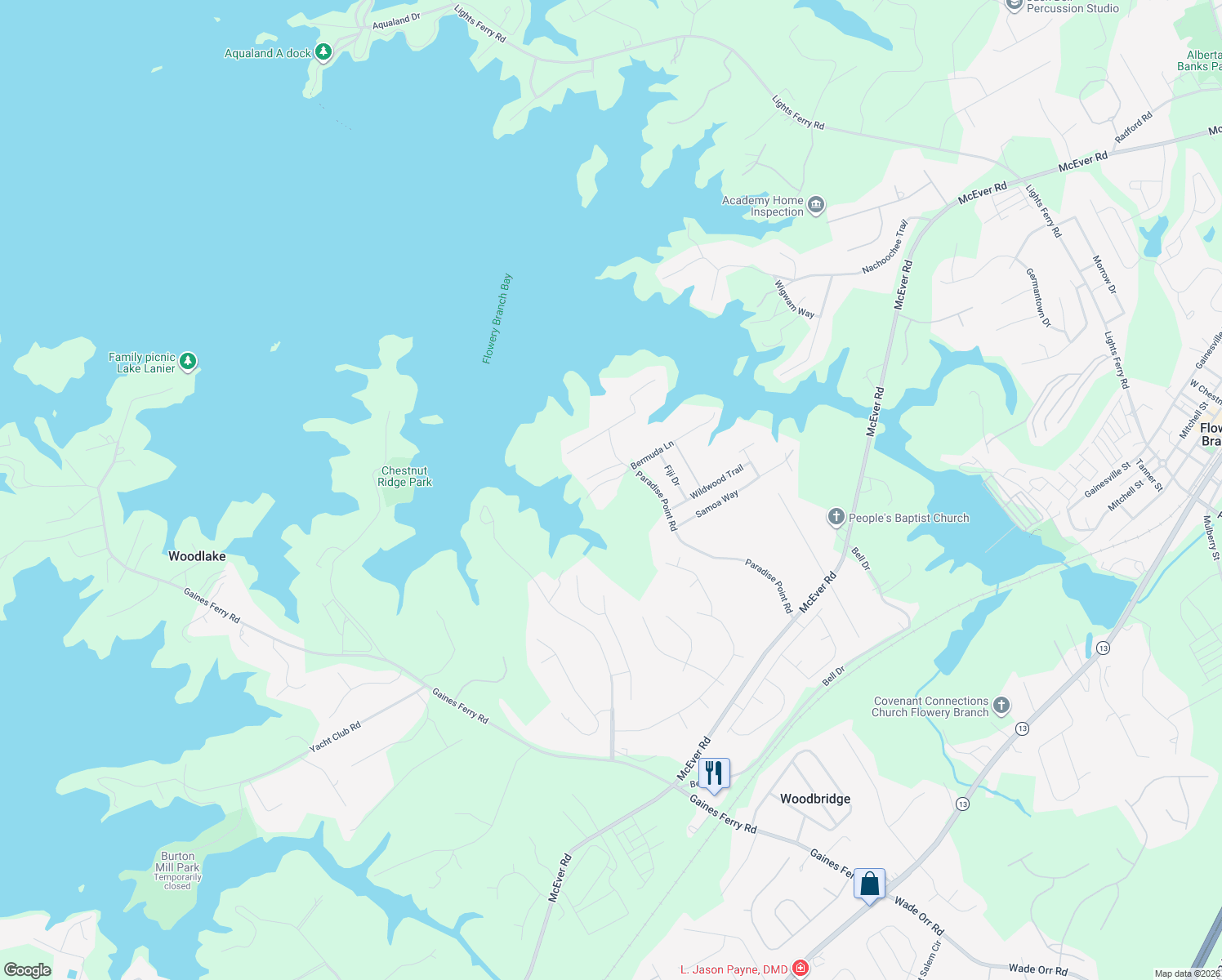 map of restaurants, bars, coffee shops, grocery stores, and more near 6453 Paradise Point Road in Flowery Branch