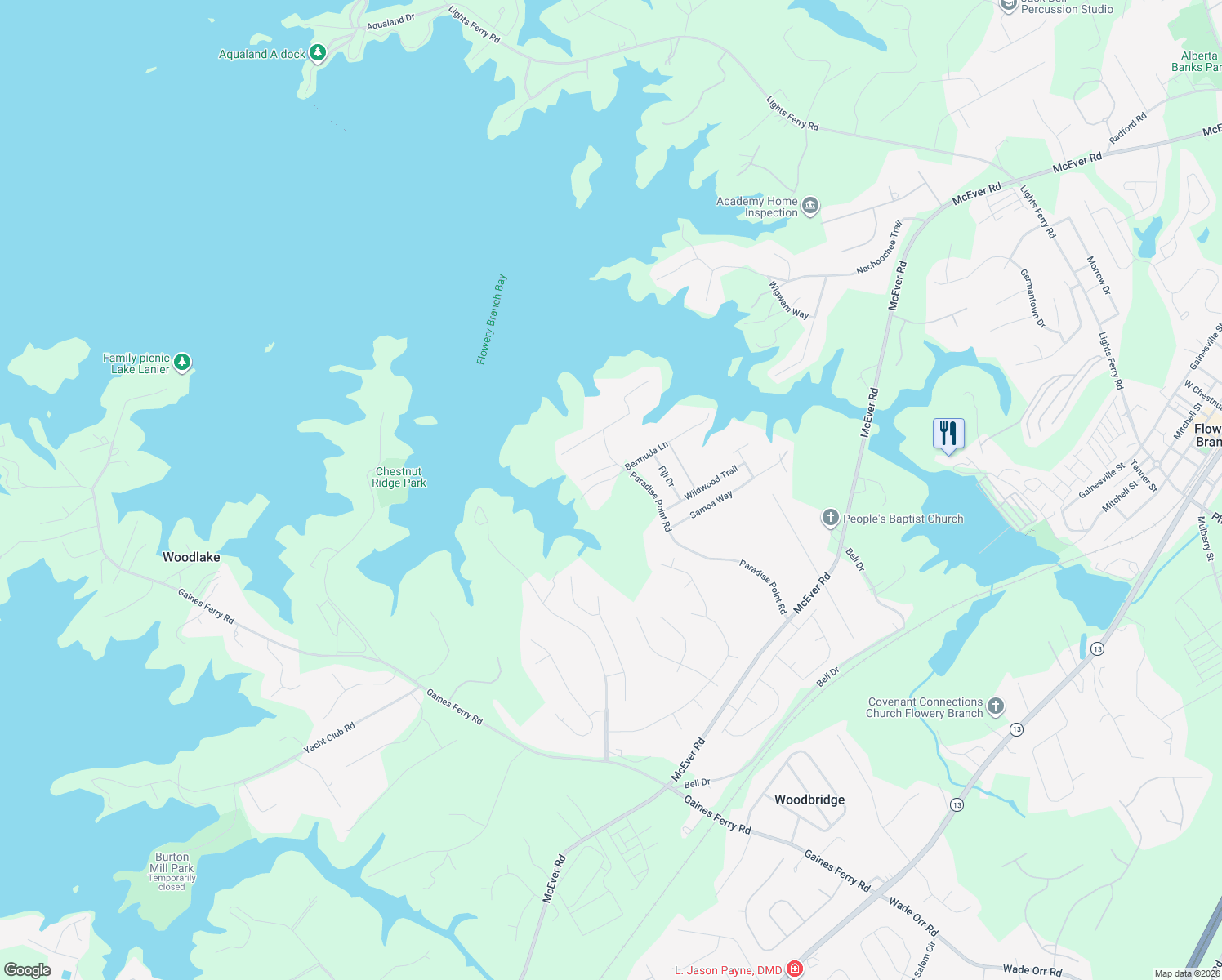 map of restaurants, bars, coffee shops, grocery stores, and more near 6453 Paradise Point Road in Flowery Branch