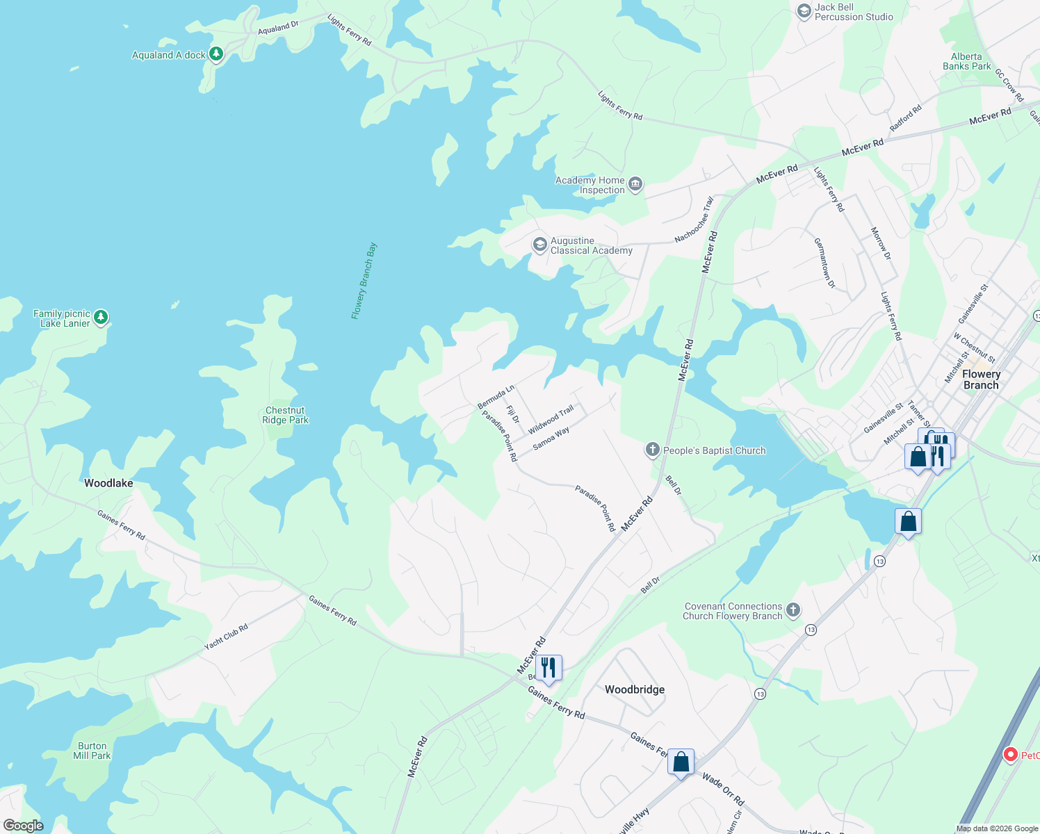 map of restaurants, bars, coffee shops, grocery stores, and more near 6562 Tahiti Way in Flowery Branch