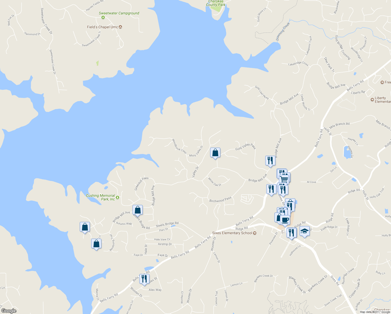 map of restaurants, bars, coffee shops, grocery stores, and more near 108 Misty Valley Drive in Canton