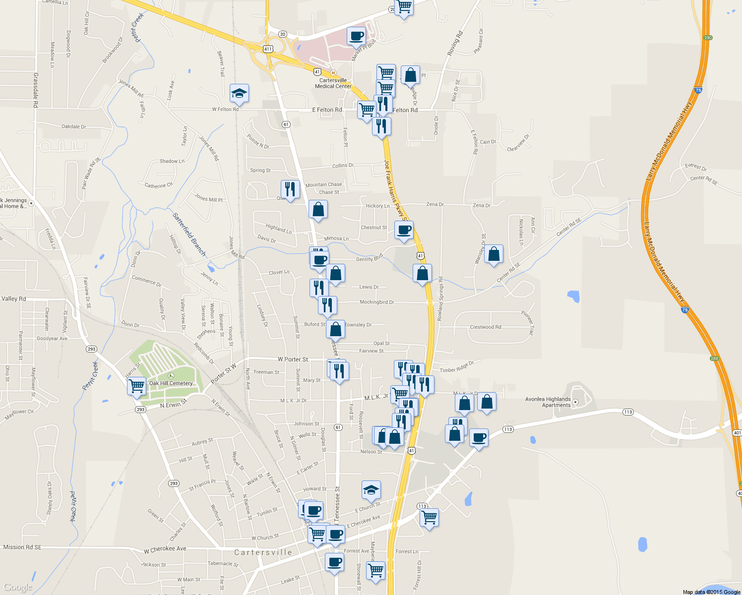 map of restaurants, bars, coffee shops, grocery stores, and more near 30 Mockingbird Drive in Cartersville