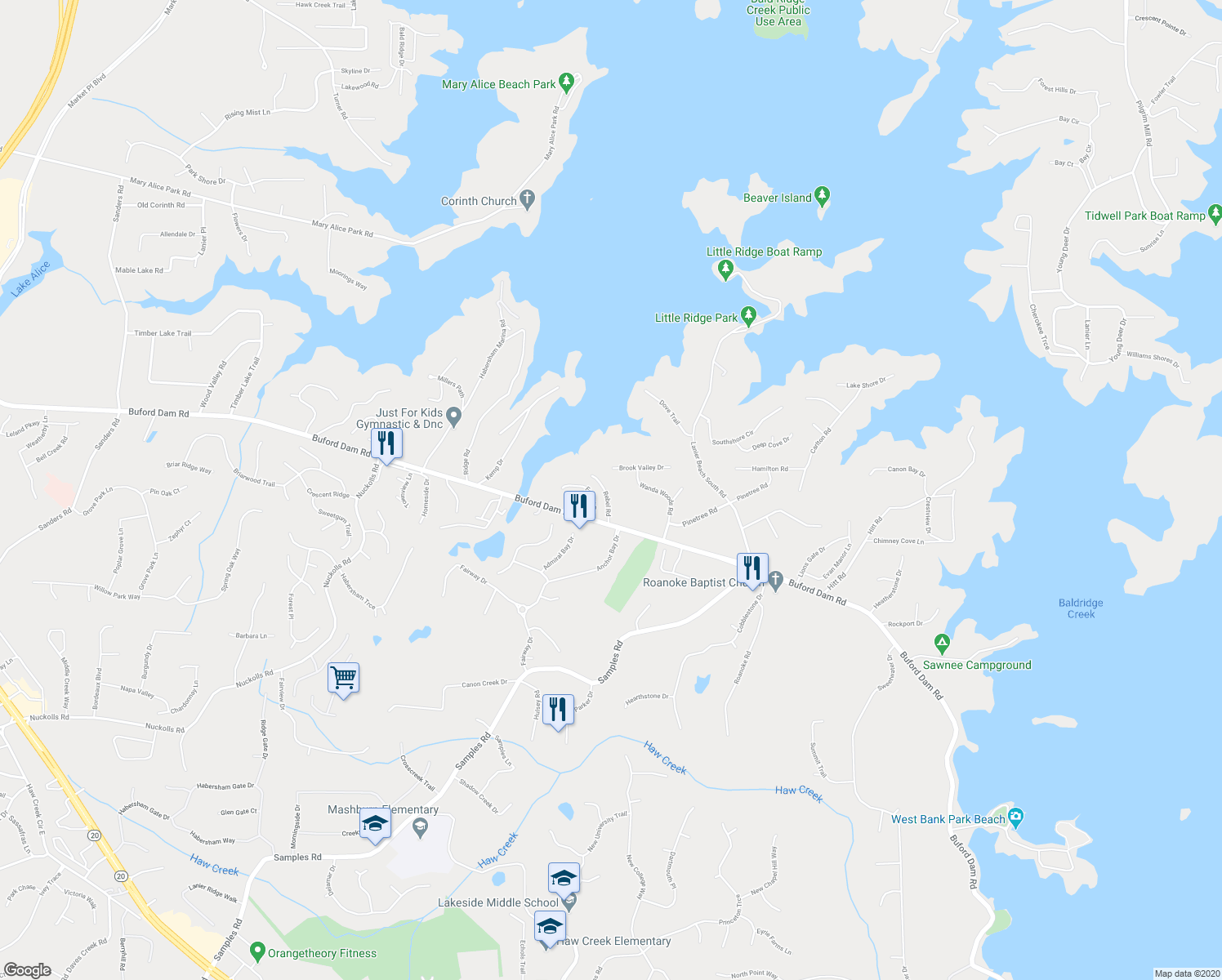 map of restaurants, bars, coffee shops, grocery stores, and more near 2240 Rebel Road in Cumming