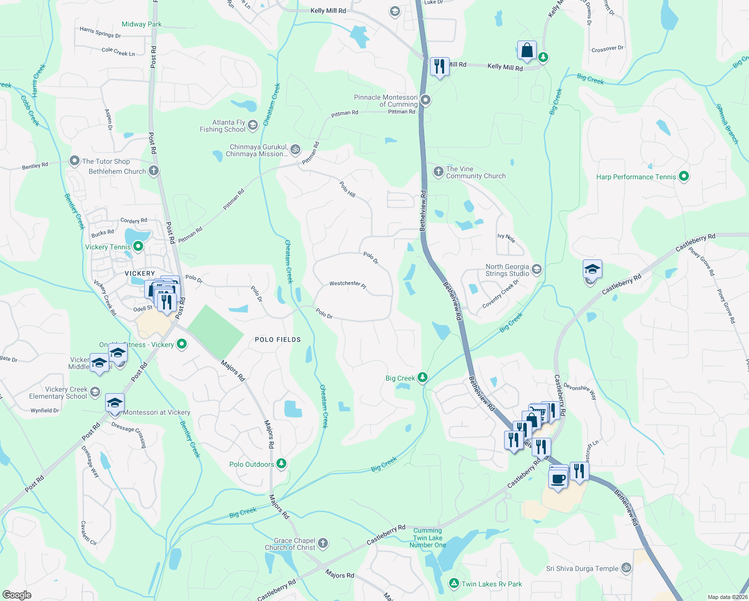 map of restaurants, bars, coffee shops, grocery stores, and more near 6470 Westchester Pl in Cumming