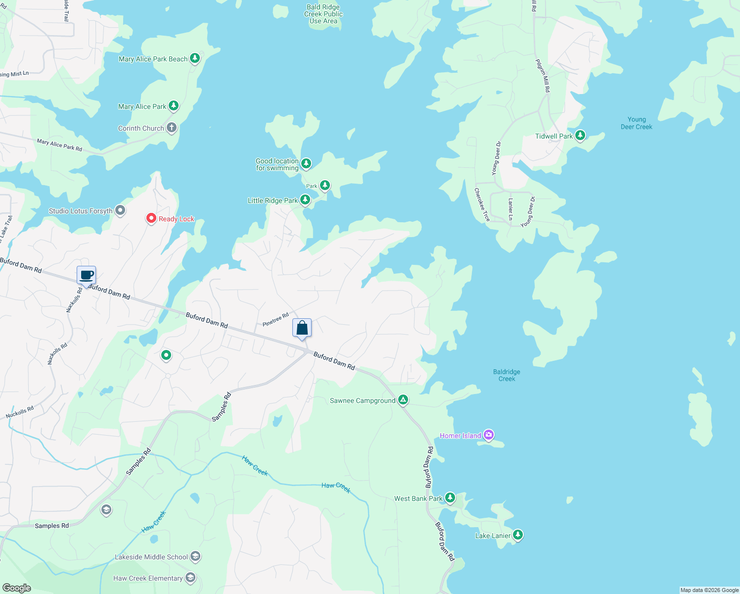 map of restaurants, bars, coffee shops, grocery stores, and more near 3360 Canon Bay Drive in Cumming