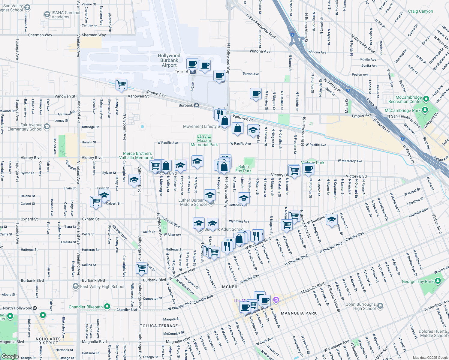 map of restaurants, bars, coffee shops, grocery stores, and more near 1935 North Hollywood Way in Burbank