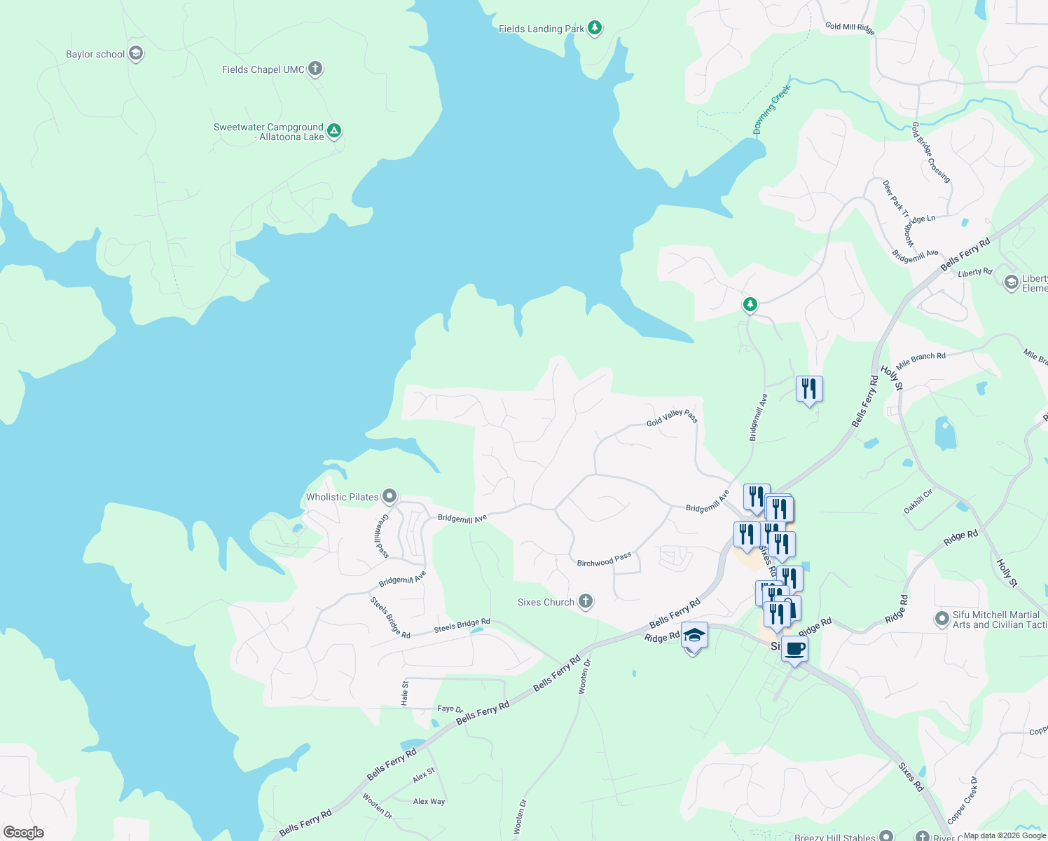 map of restaurants, bars, coffee shops, grocery stores, and more near 208 Willow View Court in Canton