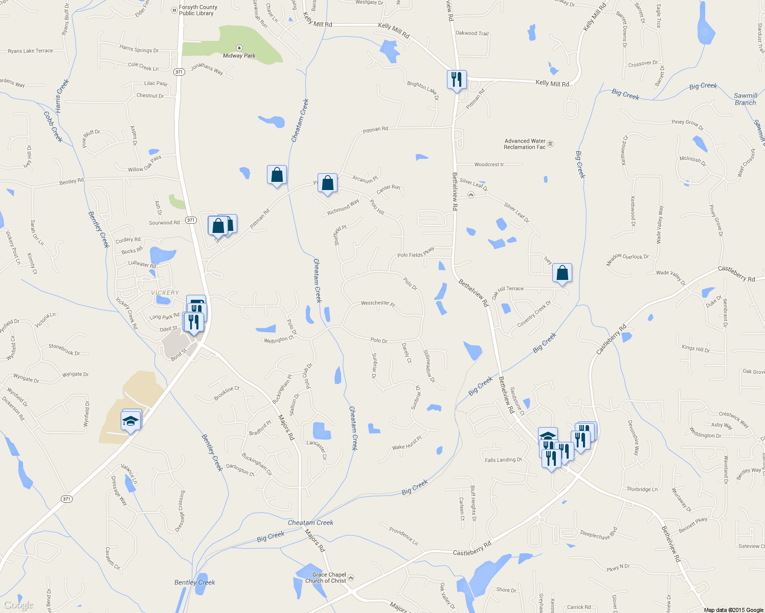 map of restaurants, bars, coffee shops, grocery stores, and more near 6410 Westchester Pl in Cumming