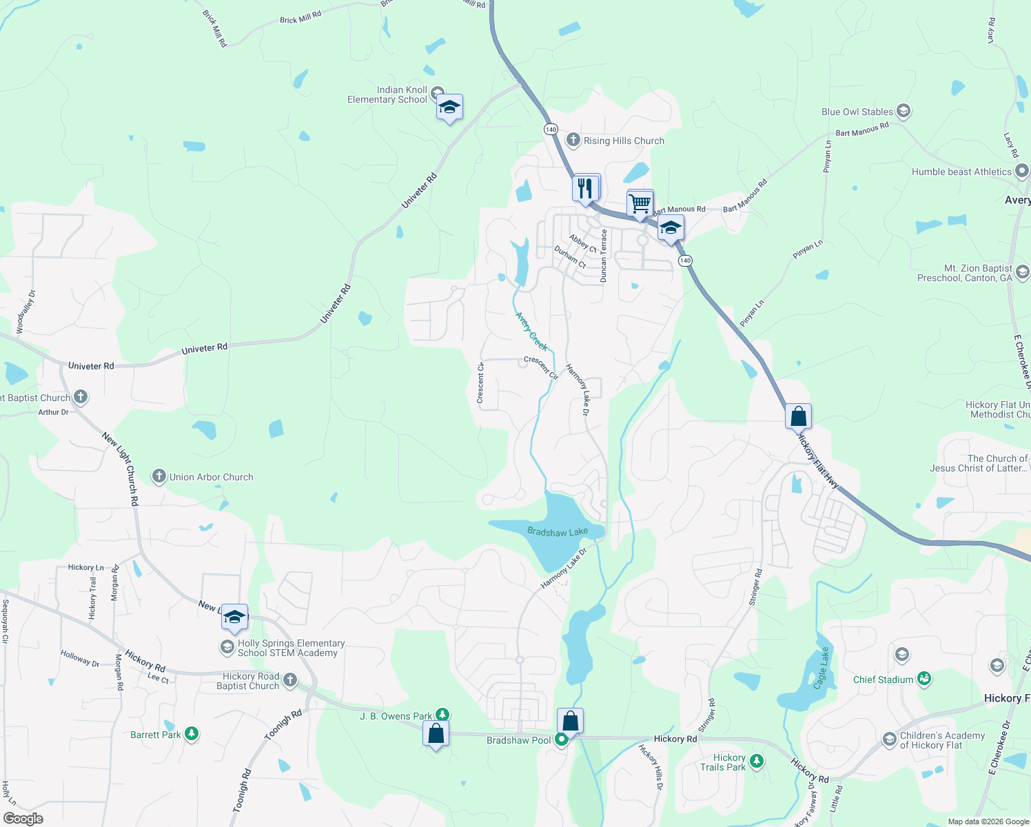 map of restaurants, bars, coffee shops, grocery stores, and more near 757 Crescent Circle in Canton