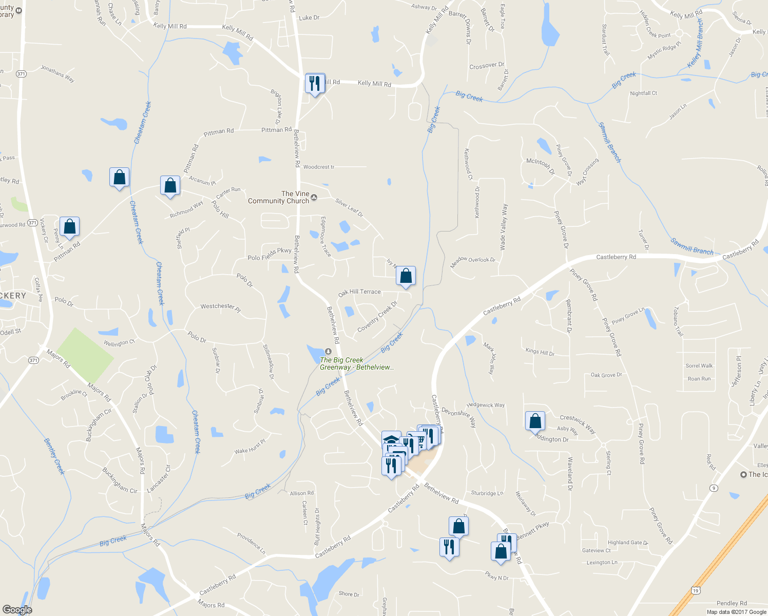 map of restaurants, bars, coffee shops, grocery stores, and more near 5225 Coventry Creek Drive in Cumming